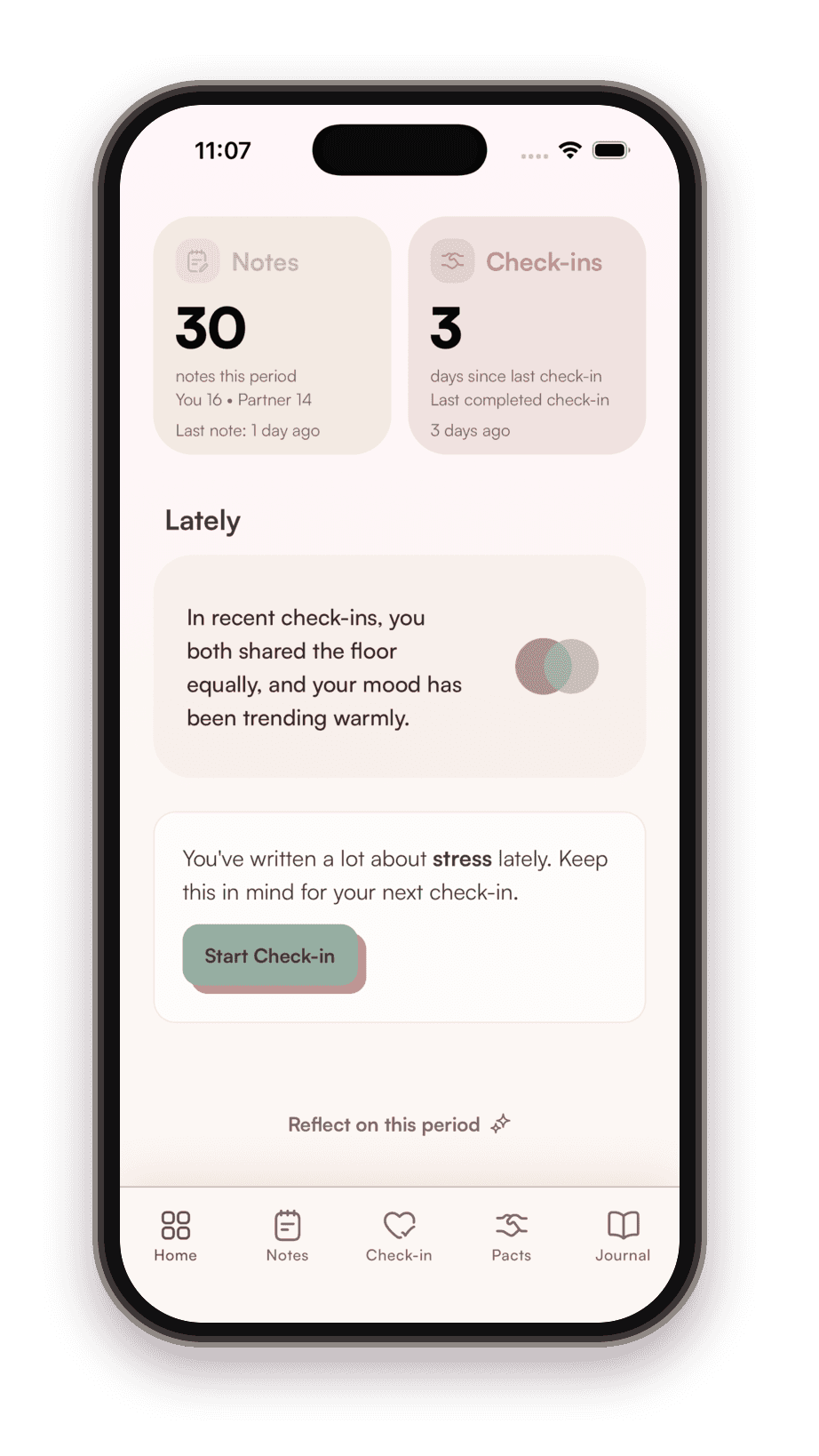 The Lately view: notes and check-in counts, a note that you both shared the floor equally, and a nudge about how often stress has come up.