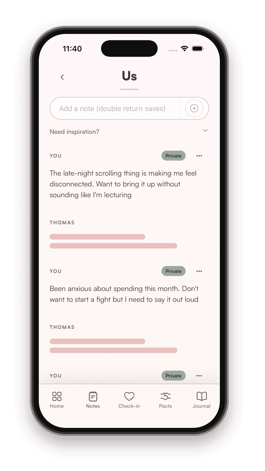 The Us topic: your notes marked Private, and your partner's notes shown only as blurred bars.